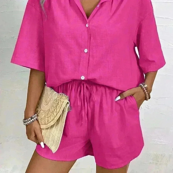 Hot Pink Casual Women's Summer Solid Color Drop-Shoulder Shirt And Loose Shorts - Picture 6 of 7